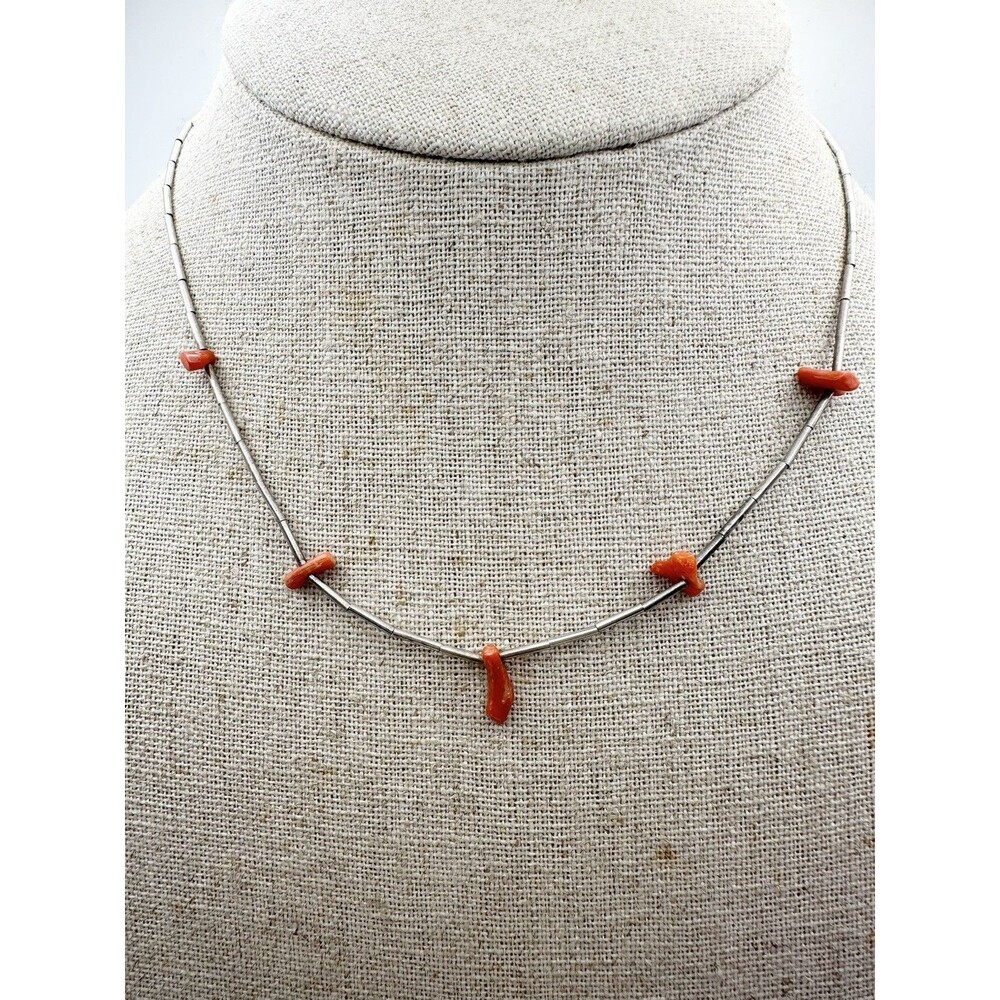 Vintage Native American Sterling Silver and Coral Liquid Silver Necklace 14”